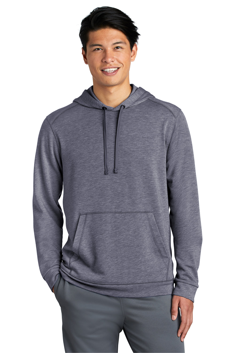 Sport-Tek ST296 Mens Moisture Wicking Fleece Hooded Sweatshirt Hoodie Heather True Navy Blue Model Front