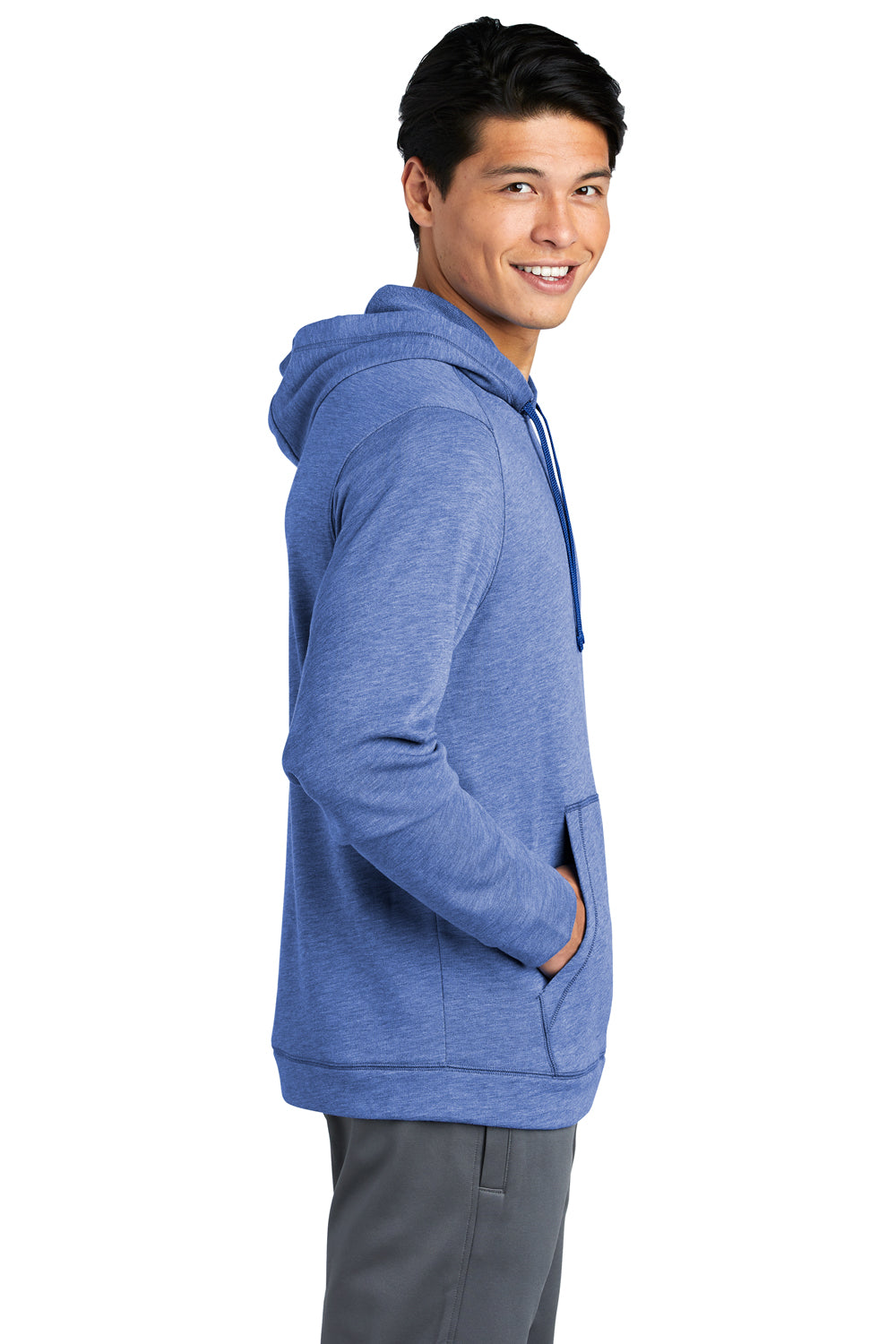 Sport-Tek ST296 Mens Moisture Wicking Fleece Hooded Sweatshirt Hoodie Heather True Royal Blue Model Side