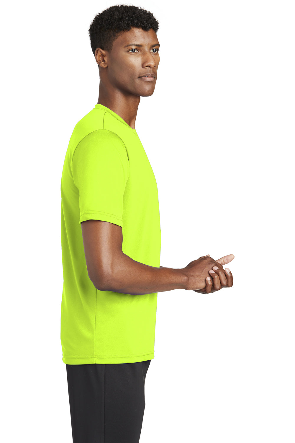 Sport-Tek ST320 Mens Tough Moisture Wicking Short Sleeve Crewneck T-Shirt Neon Yellow Model Side