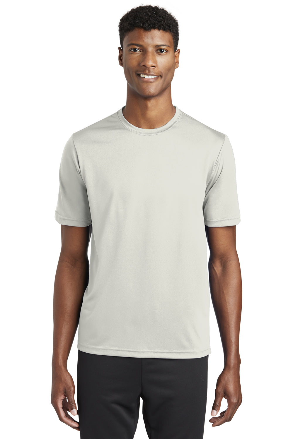 Sport-Tek ST320 Mens Tough Moisture Wicking Short Sleeve Crewneck T-Shirt Silver Grey Model Front