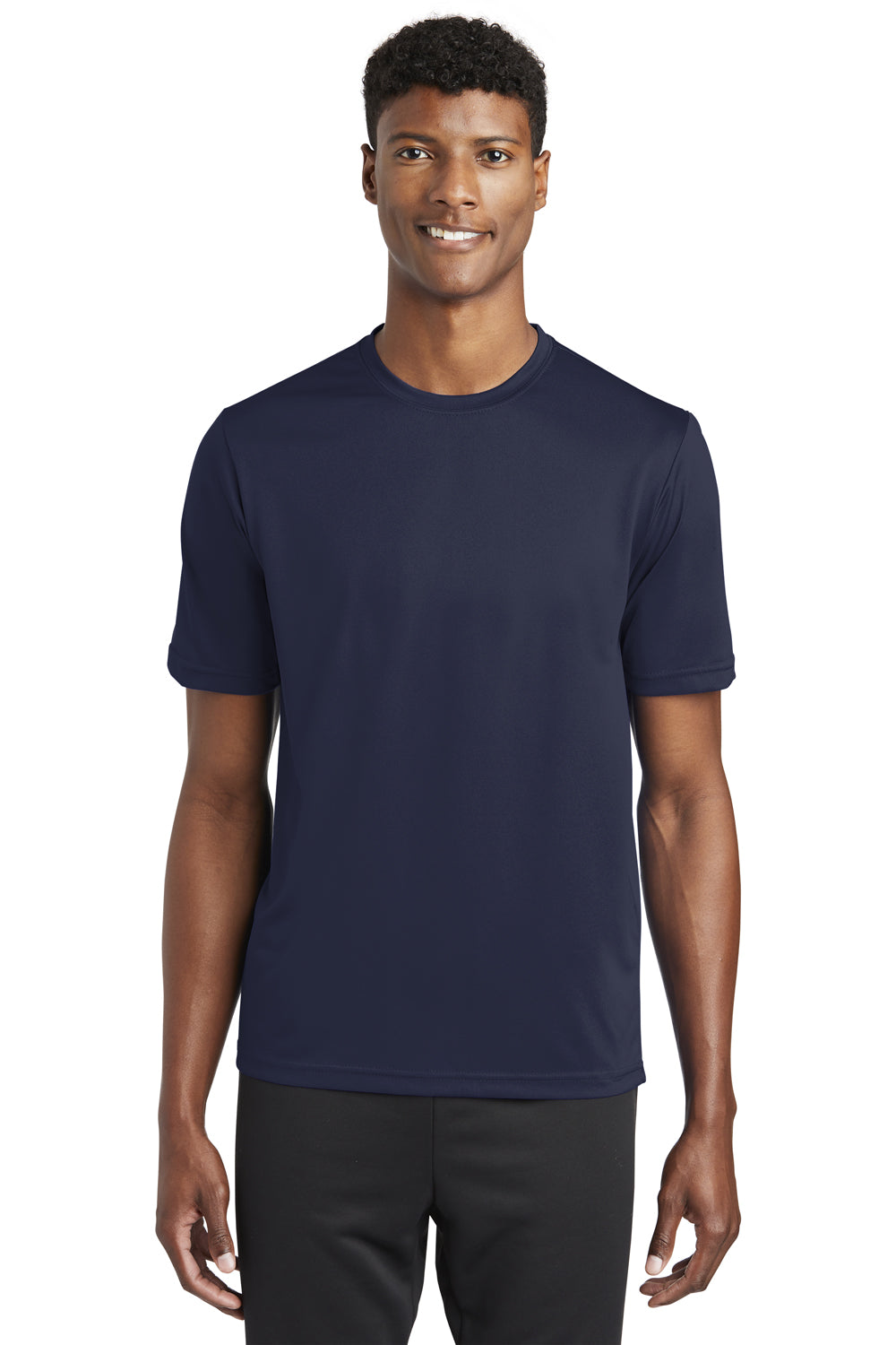 Sport-Tek ST320 Mens Tough Moisture Wicking Short Sleeve Crewneck T-Shirt True Navy Blue Model Front