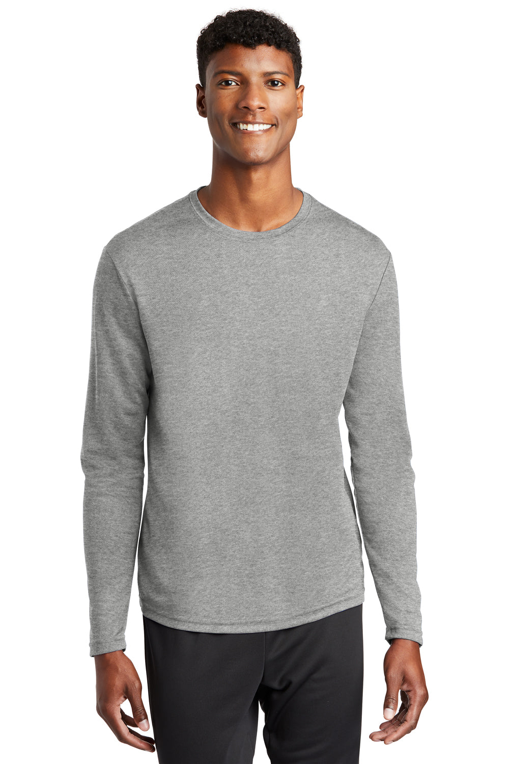 Sport-Tek ST340LS Mens RacerMesh Moisture Wicking Long Sleeve Crewneck T-Shirt Heather Grey Model Front