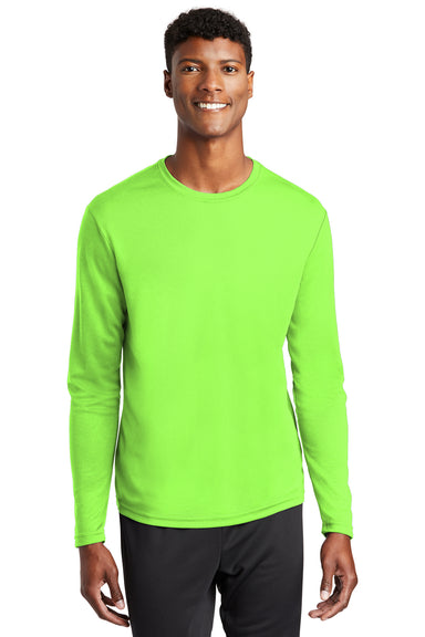 Sport-Tek ST340LS Mens RacerMesh Moisture Wicking Long Sleeve Crewneck T-Shirt Neon Green Model Front