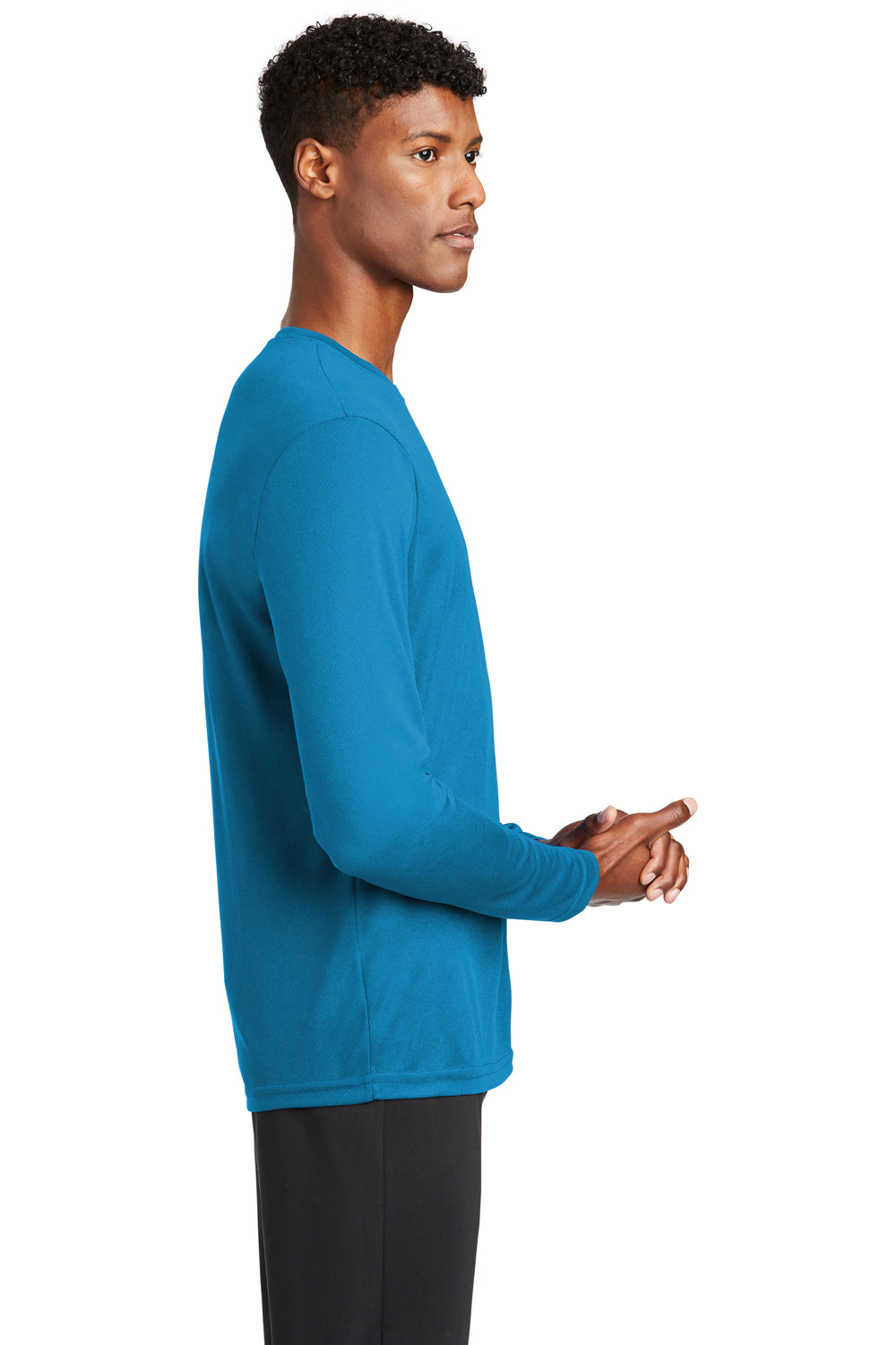 Sport-Tek ST340LS Mens RacerMesh Moisture Wicking Long Sleeve Crewneck T-Shirt Pond Blue Model Side