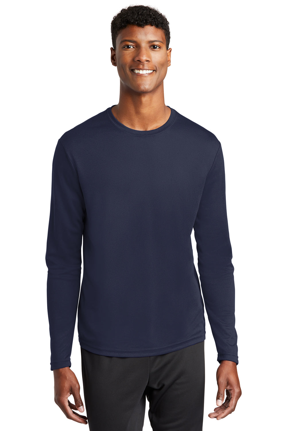 Sport-Tek ST340LS Mens RacerMesh Moisture Wicking Long Sleeve Crewneck T-Shirt True Navy Blue Model Front