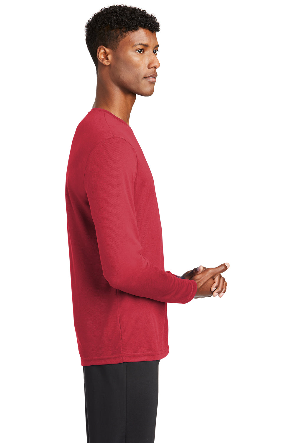 Sport-Tek ST340LS Mens RacerMesh Moisture Wicking Long Sleeve Crewneck T-Shirt True Red Model Side