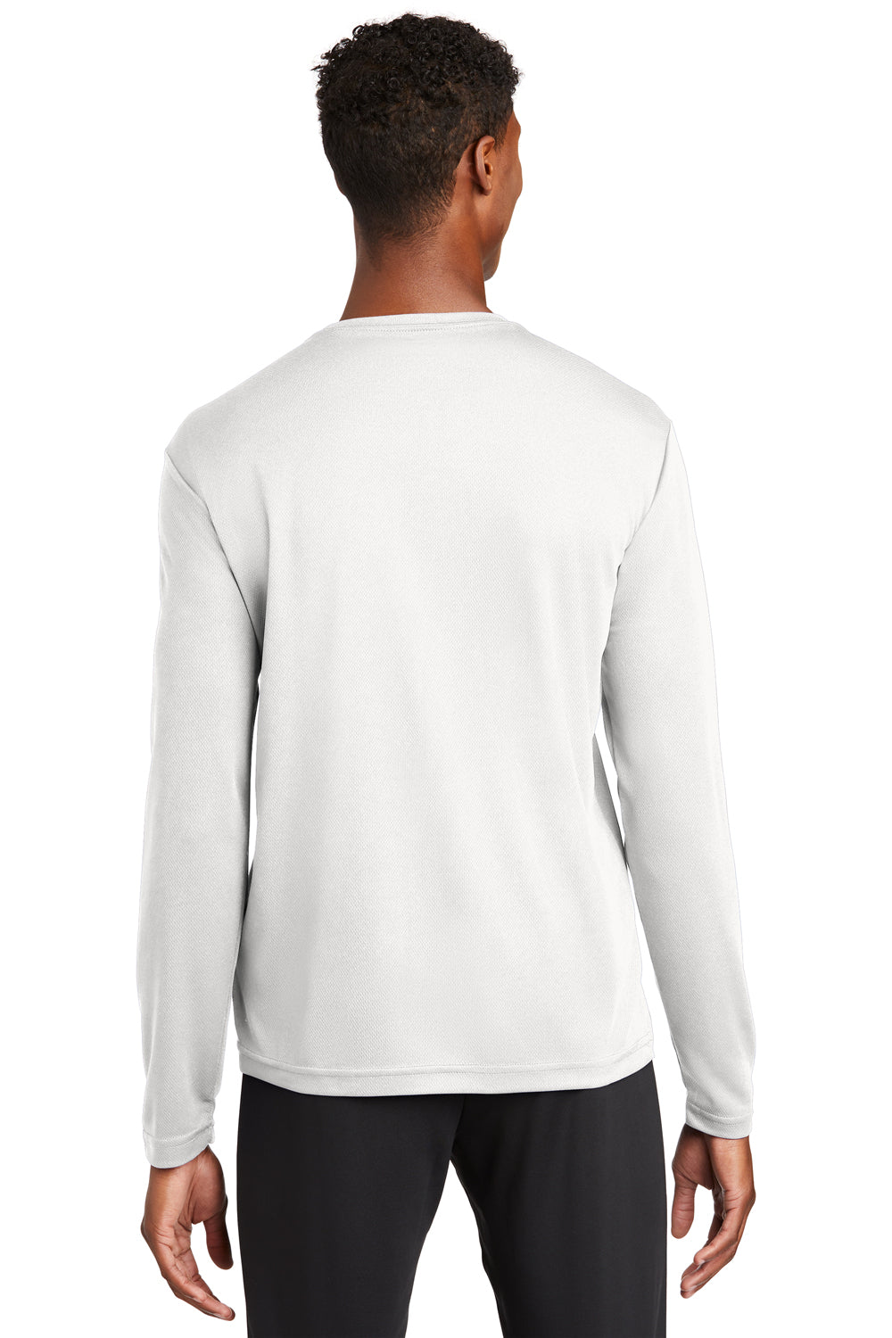 Sport-Tek ST340LS Mens RacerMesh Moisture Wicking Long Sleeve Crewneck T-Shirt White Model Back