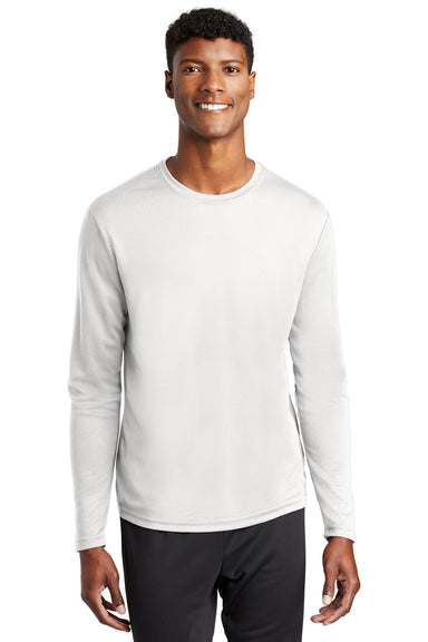 Sport-Tek ST340LS Mens RacerMesh Moisture Wicking Long Sleeve Crewneck T-Shirt White Model Front