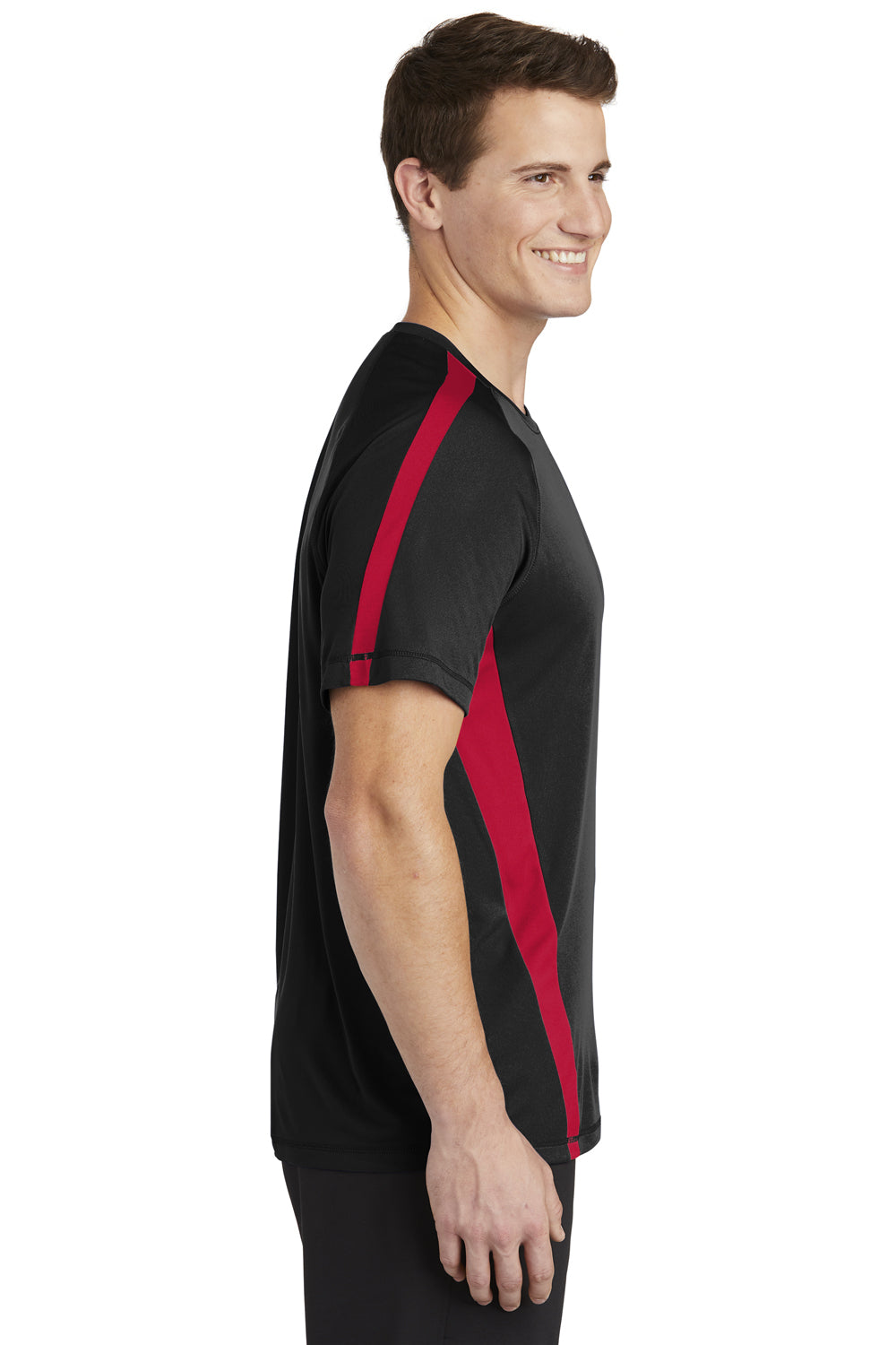 Sport-Tek ST351 Mens Competitor Moisture Wicking Short Sleeve Crewneck T-Shirt Black/True Red Model Side