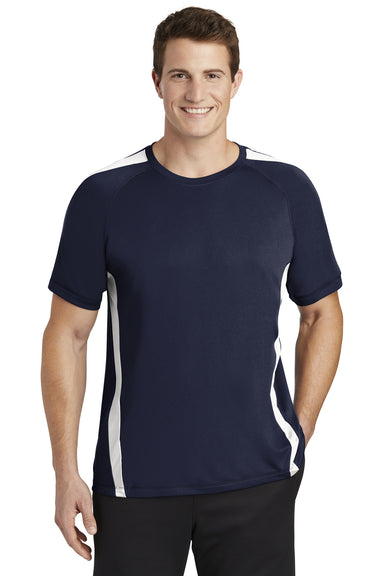 Sport-Tek ST351 Mens Competitor Moisture Wicking Short Sleeve Crewneck T-Shirt True Navy Blue/White Model Front