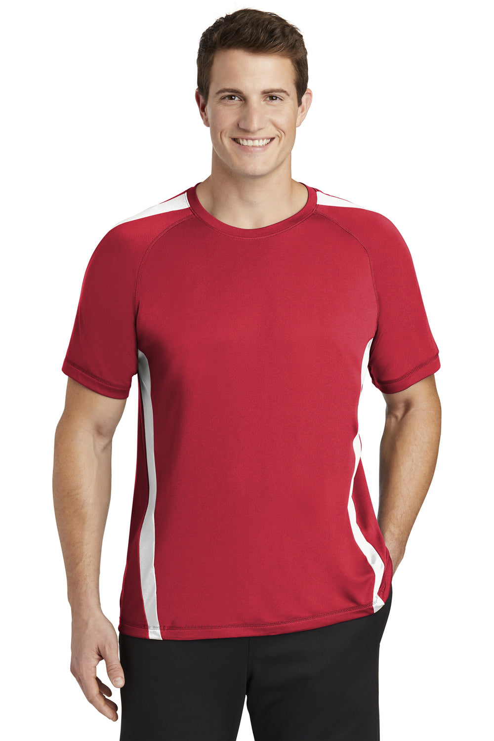 Sport-Tek ST351 Mens Competitor Moisture Wicking Short Sleeve Crewneck T-Shirt True Red/White Model Front