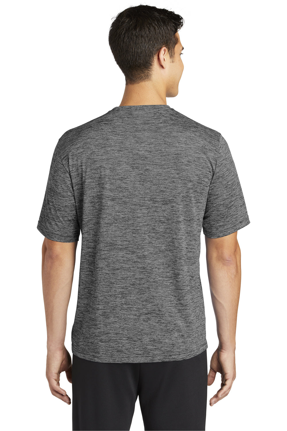 Sport-Tek ST390 Mens Electric Heather Moisture Wicking Short Sleeve Crewneck T-Shirt Grey Black Electric Model Back