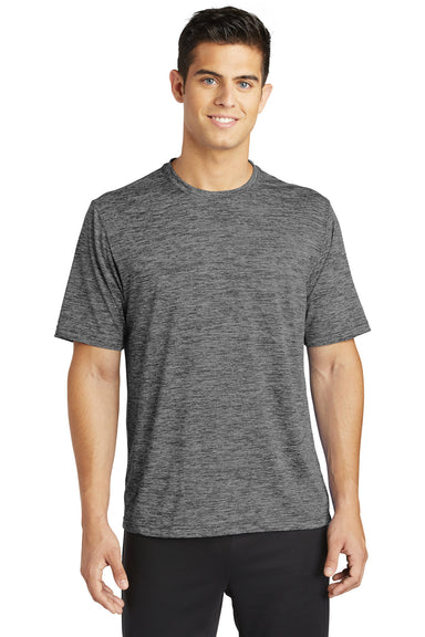 Sport-Tek ST390 Mens Electric Heather Moisture Wicking Short Sleeve Crewneck T-Shirt Grey Black Electric Model Front