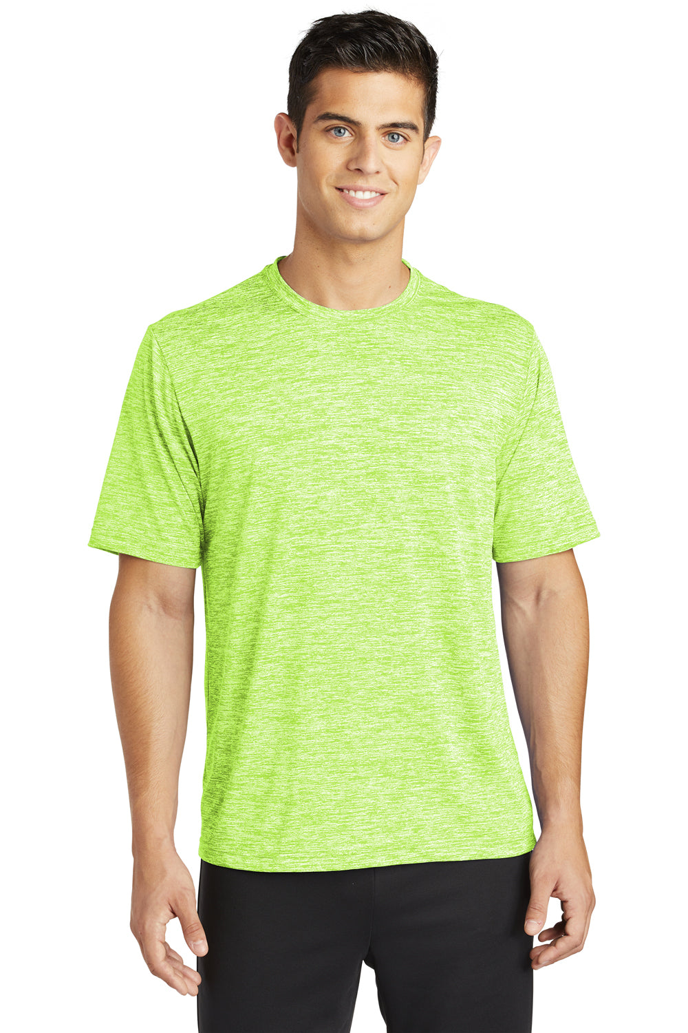 Sport-Tek ST390 Mens Electric Heather Moisture Wicking Short Sleeve Crewneck T-Shirt Lime Shock Green Electric Model Front