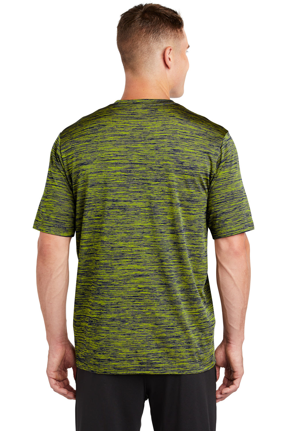 Sport-Tek ST390 Mens Electric Heather Moisture Wicking Short Sleeve Crewneck T-Shirt Lime Shock Green/True Navy Blue Electric Model Back