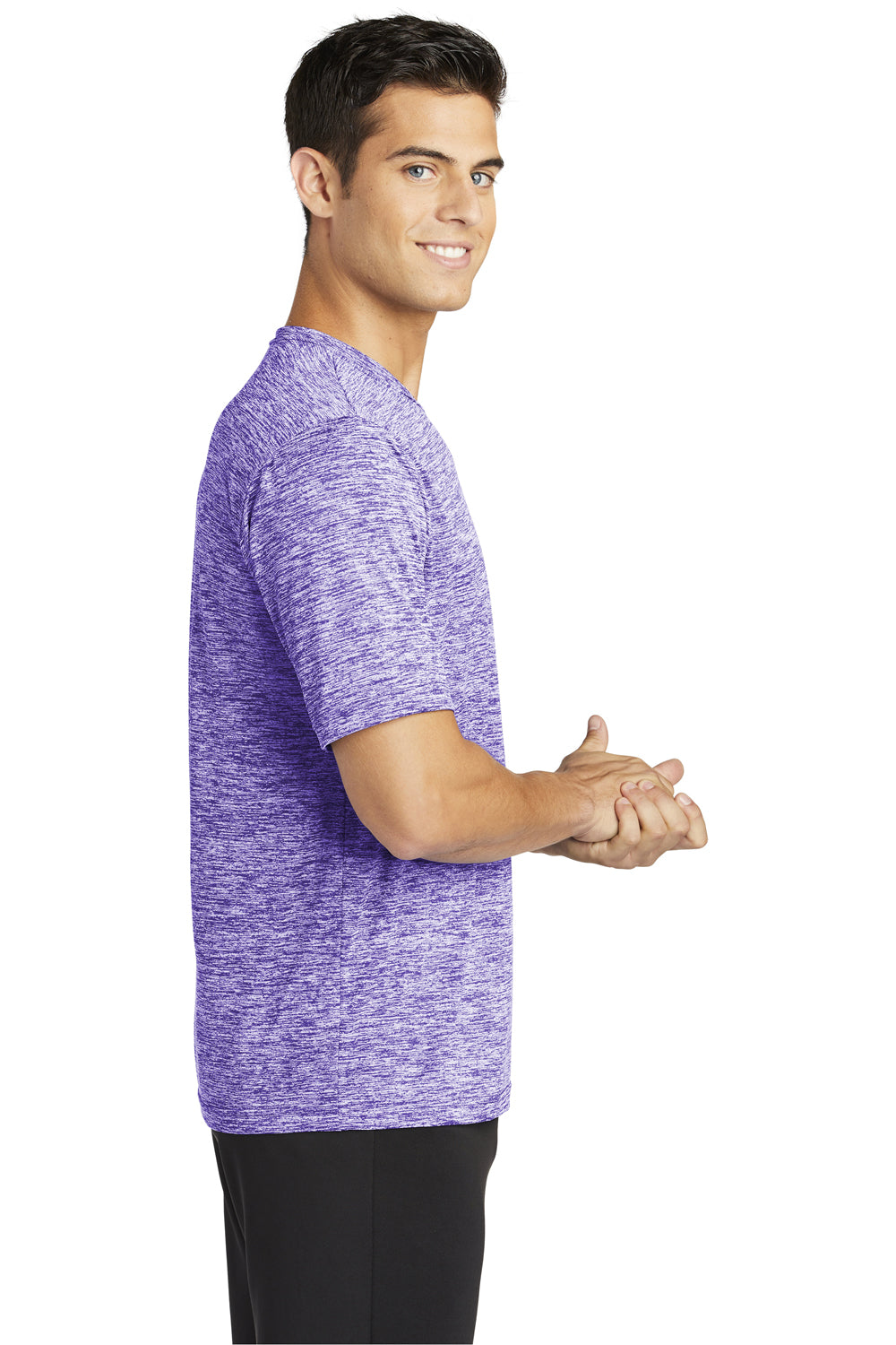 Sport-Tek ST390 Mens Electric Heather Moisture Wicking Short Sleeve Crewneck T-Shirt Purple Electric Model Side