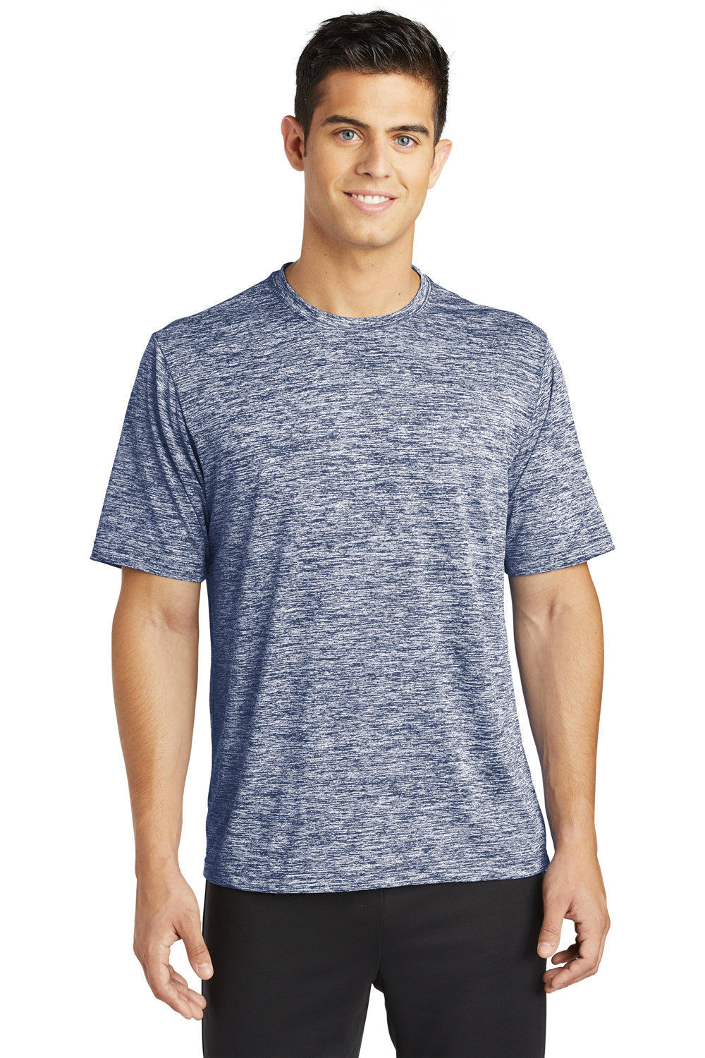 Sport-Tek ST390 Mens Electric Heather Moisture Wicking Short Sleeve Crewneck T-Shirt True Navy Blue Electric Model Front