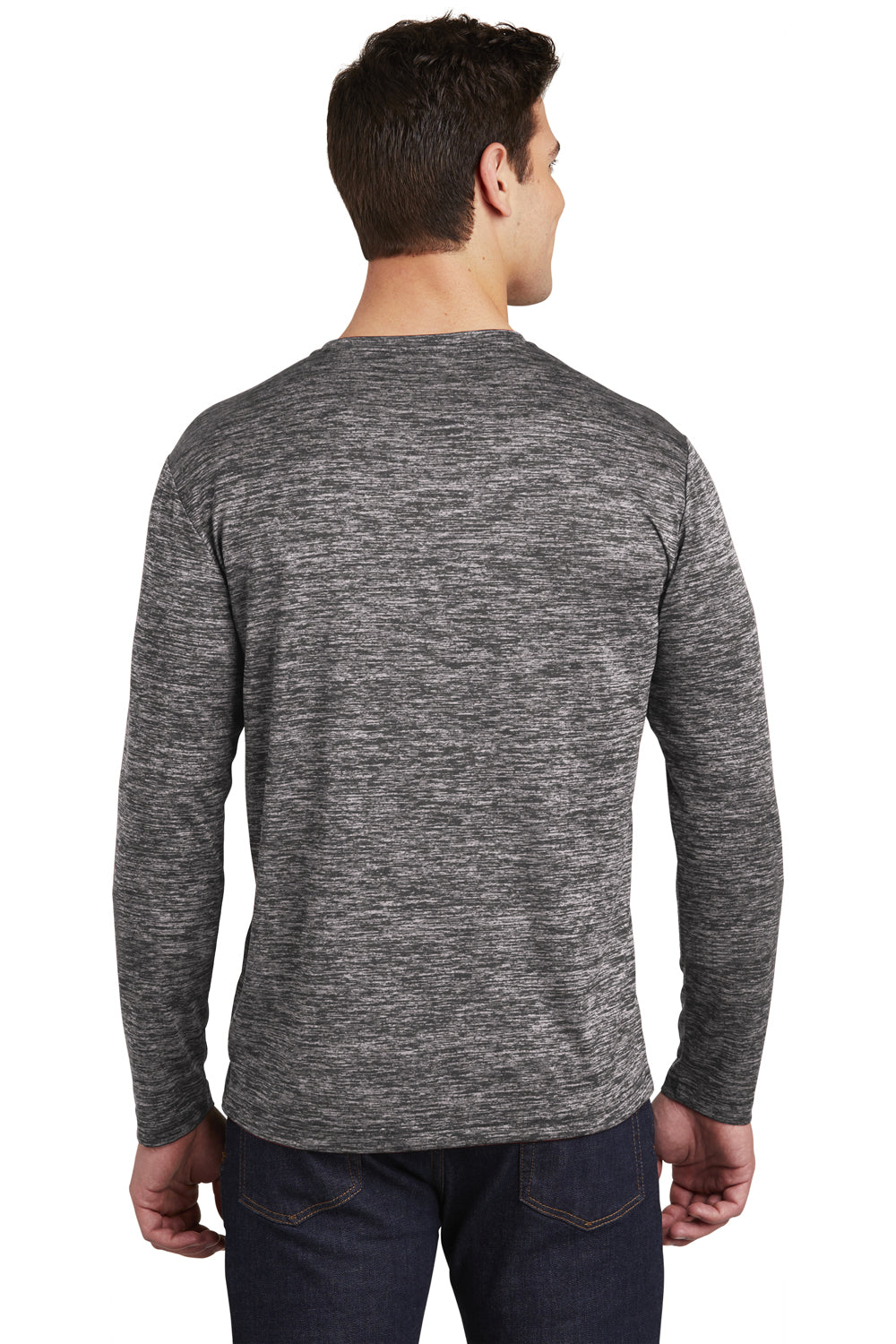 Sport-Tek ST390LS Mens Electric Heather Moisture Wicking Long Sleeve Crewneck T-Shirt Black Electric Model Back