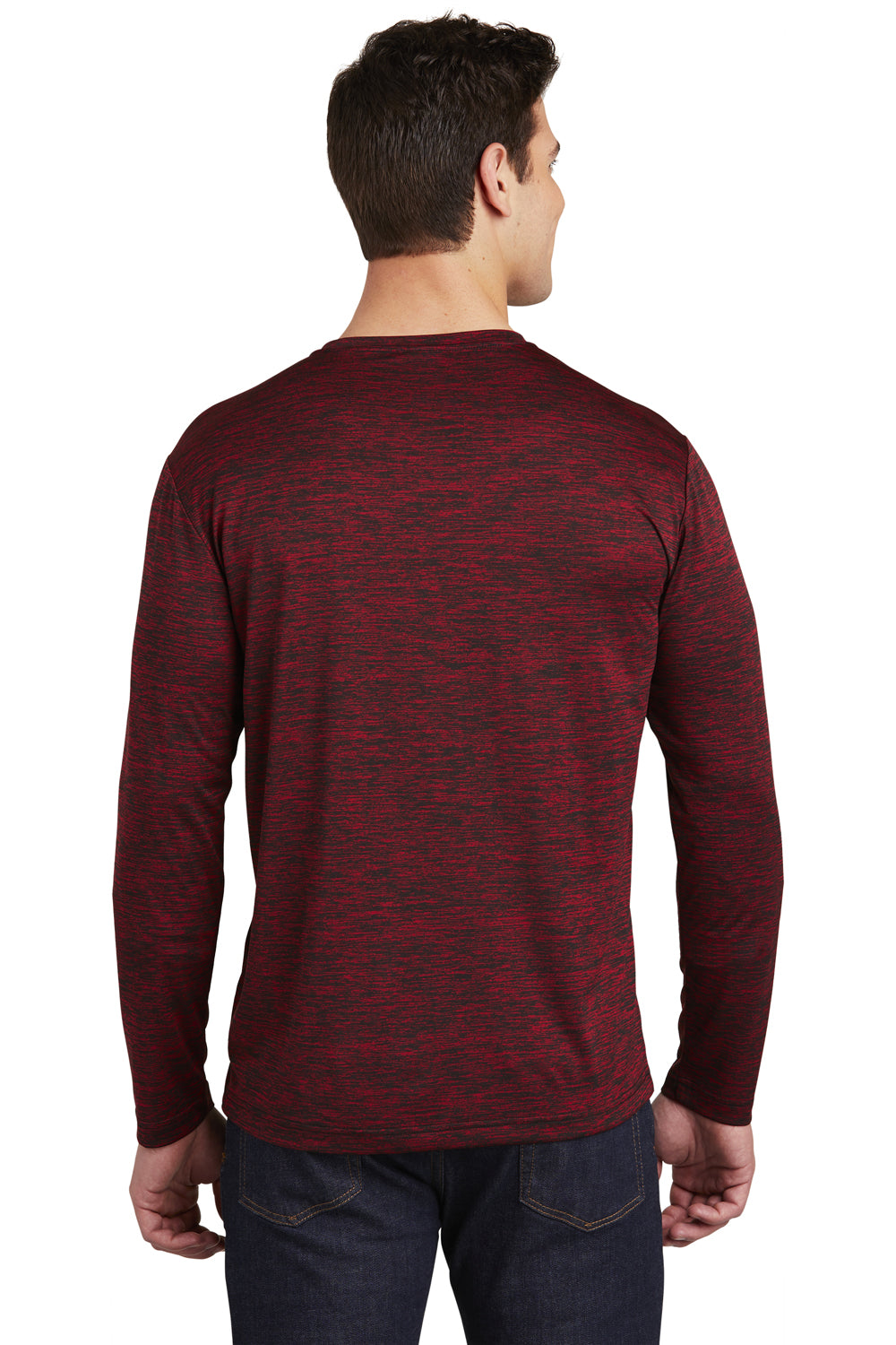 Sport-Tek ST390LS Mens Electric Heather Moisture Wicking Long Sleeve Crewneck T-Shirt Deep Red Black Electric Model Back