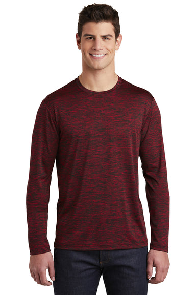 Sport-Tek ST390LS Mens Electric Heather Moisture Wicking Long Sleeve Crewneck T-Shirt Deep Red Black Electric Model Front