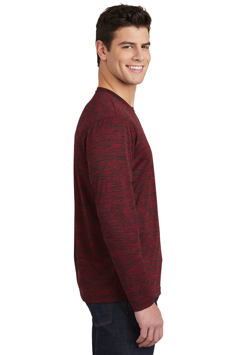 Sport-Tek ST390LS Mens Electric Heather Moisture Wicking Long Sleeve Crewneck T-Shirt Deep Red Black Electric Model Side