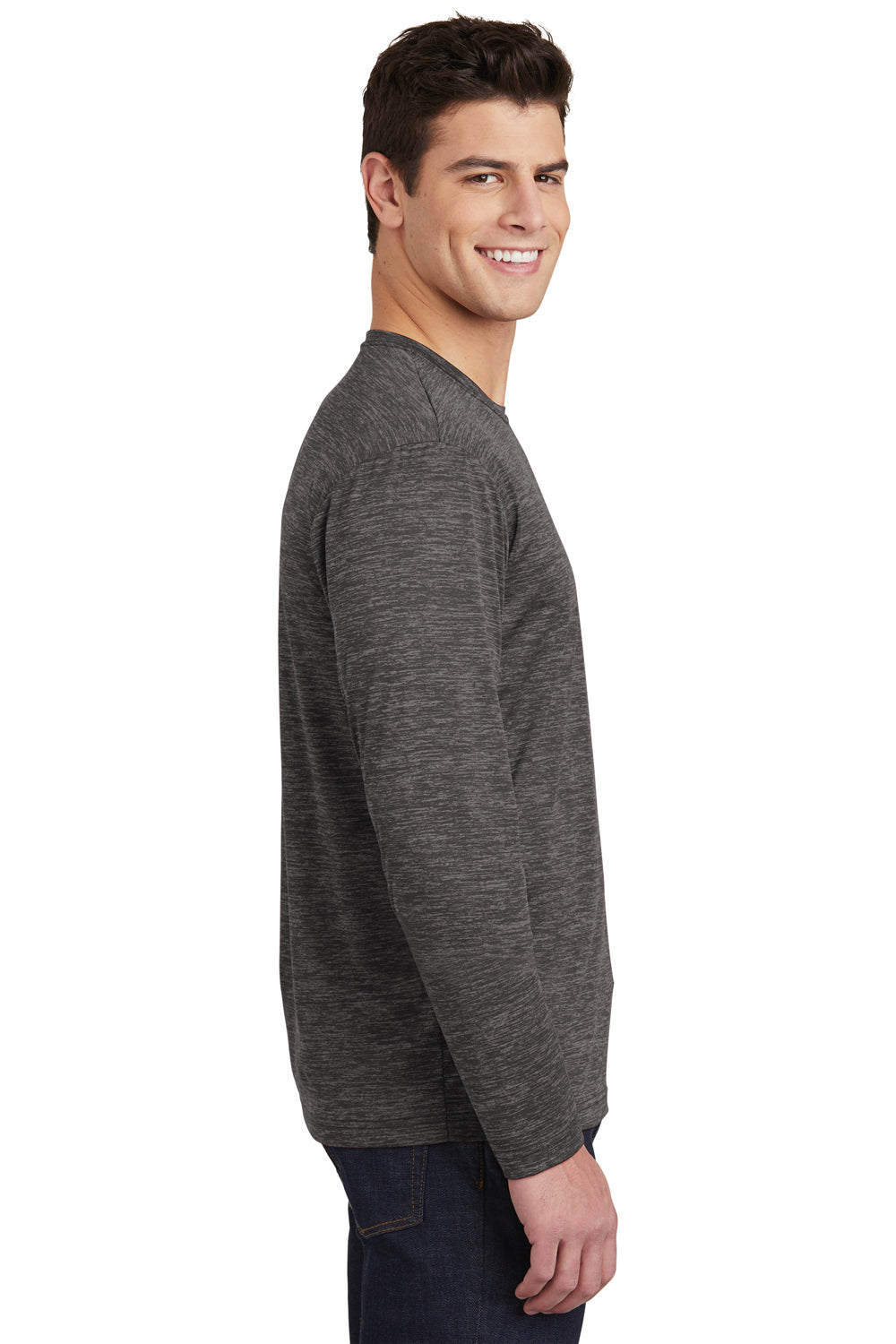 Sport-Tek ST390LS Mens Electric Heather Moisture Wicking Long Sleeve Crewneck T-Shirt Grey Black Electric Model Side