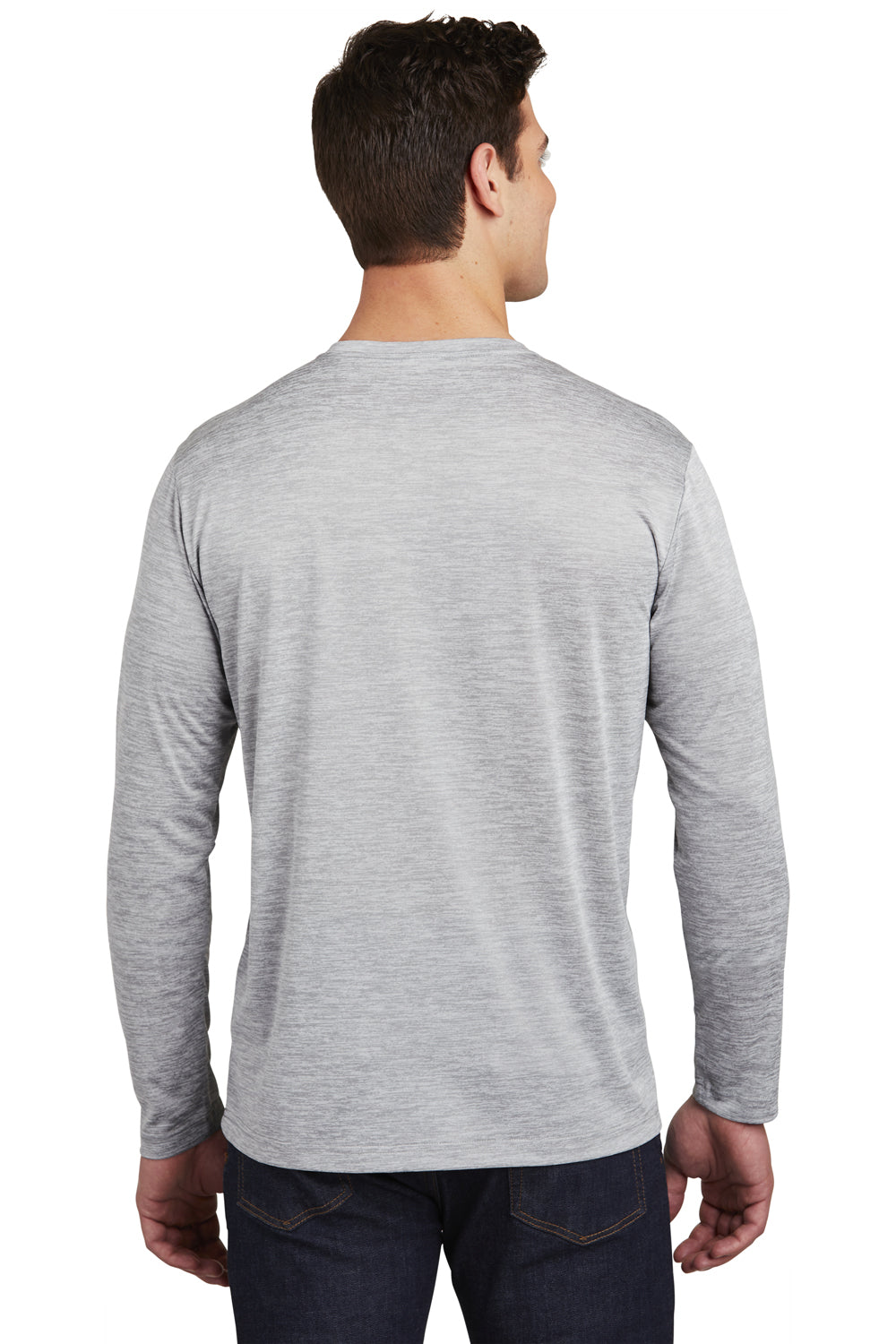 Sport-Tek ST390LS Mens Electric Heather Moisture Wicking Long Sleeve Crewneck T-Shirt Silver Grey Electric Model Back