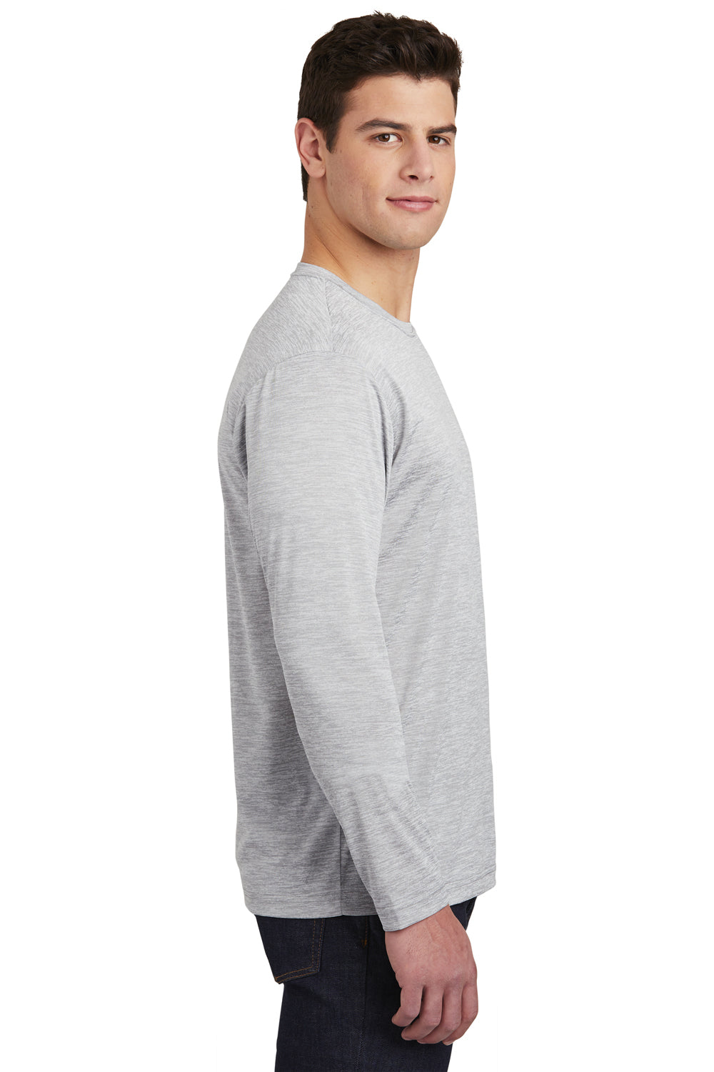 Sport-Tek ST390LS Mens Electric Heather Moisture Wicking Long Sleeve Crewneck T-Shirt Silver Grey Electric Model Side