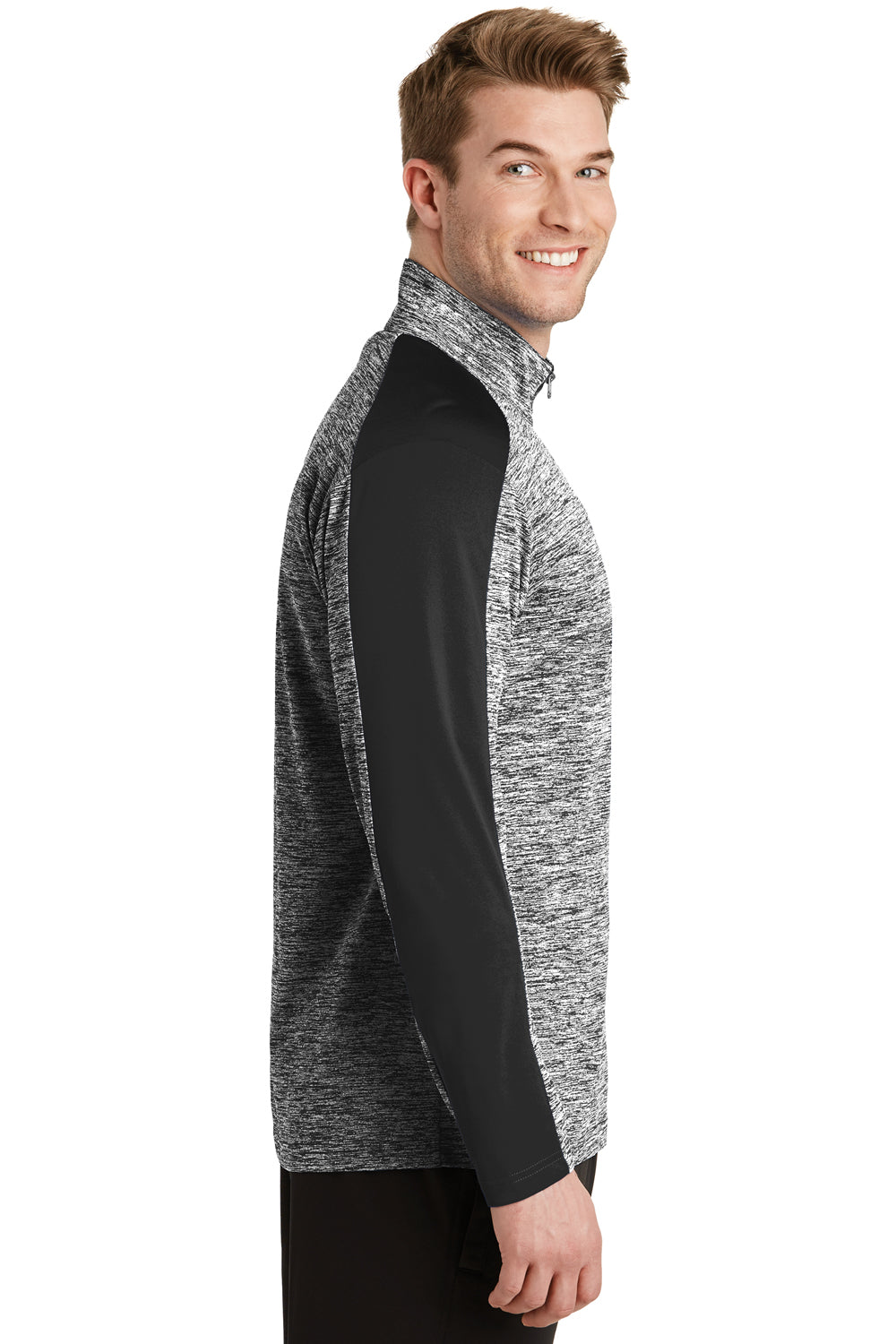 Sport-Tek ST397 Mens Electric Heather Moisture Wicking 1/4 Zip Sweatshirt Black Electric/Black Model Side