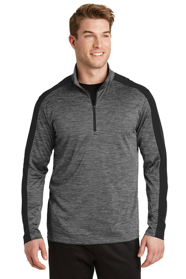 Sport-Tek ST397 Mens Electric Heather Moisture Wicking 1/4 Zip Sweatshirt Grey Black Electric/Black Model Front