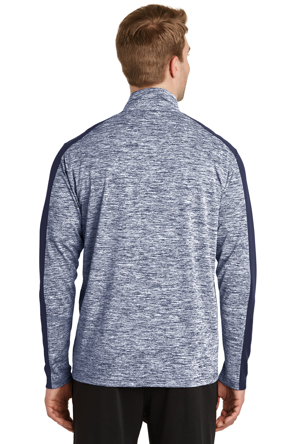 Sport-Tek ST397 Mens Electric Heather Moisture Wicking 1/4 Zip Sweatshirt True Navy Blue Electric/True Navy Blue Model Back