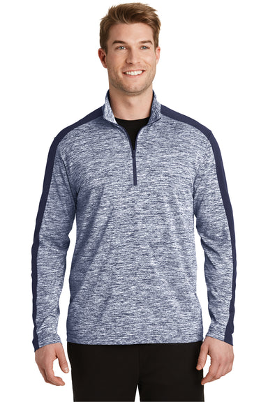 Sport-Tek ST397 Mens Electric Heather Moisture Wicking 1/4 Zip Sweatshirt True Navy Blue Electric/True Navy Blue Model Front