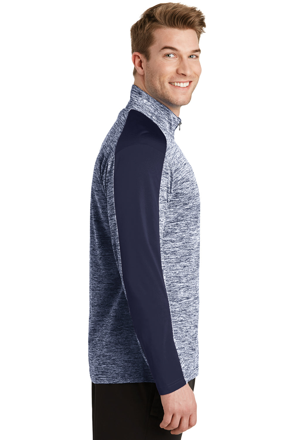 Sport-Tek ST397 Mens Electric Heather Moisture Wicking 1/4 Zip Sweatshirt True Navy Blue Electric/True Navy Blue Model Side