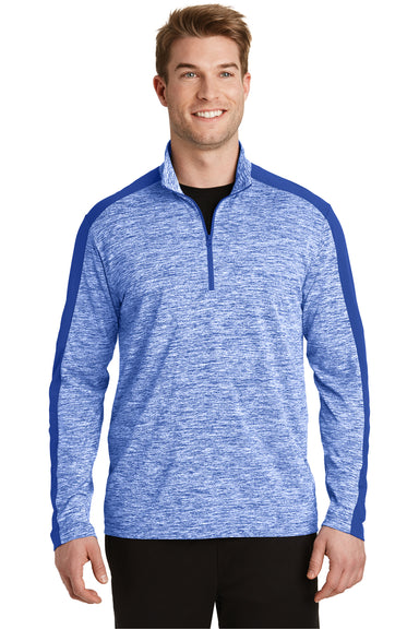 Sport-Tek ST397 Mens Electric Heather Moisture Wicking 1/4 Zip Sweatshirt True Royal Blue Electric/True Royal Blue Model Front