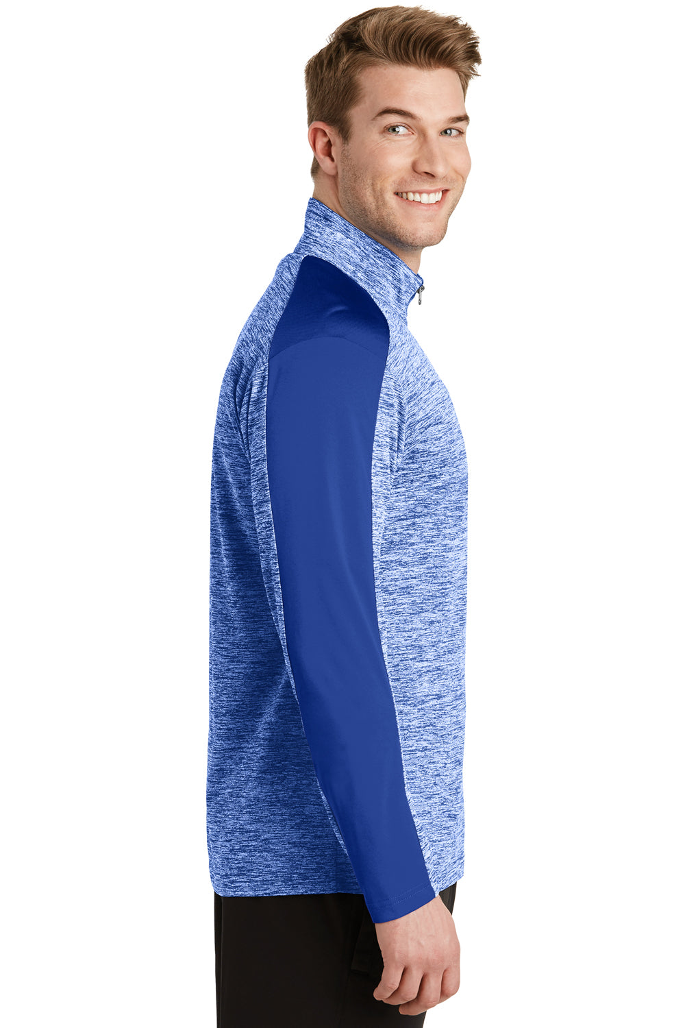 Sport-Tek ST397 Mens Electric Heather Moisture Wicking 1/4 Zip Sweatshirt True Royal Blue Electric/True Royal Blue Model Side