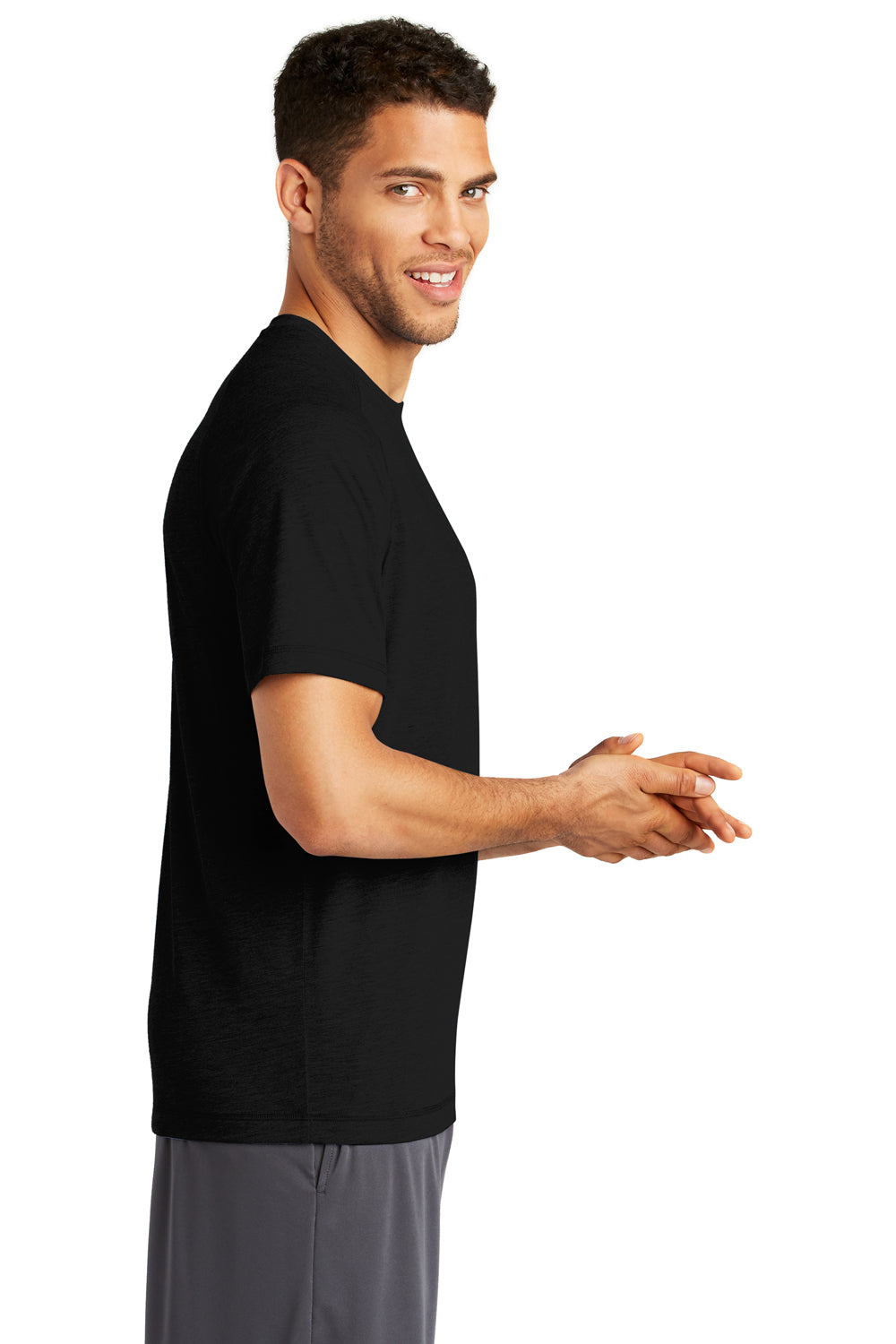 Sport-Tek ST400 Mens Moisture Wicking Short Sleeve Crewneck T-Shirt Black Model Side