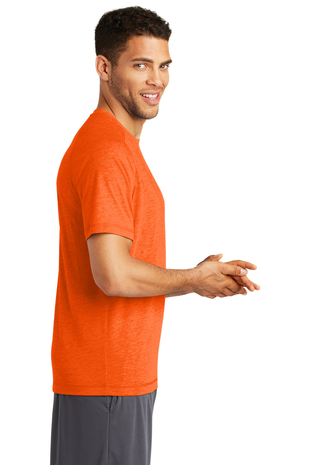 Sport-Tek ST400 Mens Moisture Wicking Short Sleeve Crewneck T-Shirt Heather Deep Orange Model Side