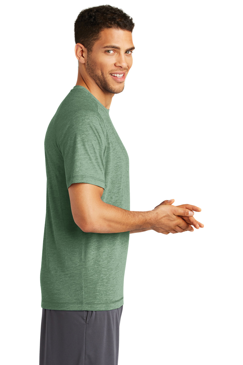 Sport-Tek ST400 Mens Moisture Wicking Short Sleeve Crewneck T-Shirt Heather Forest Green Model Side