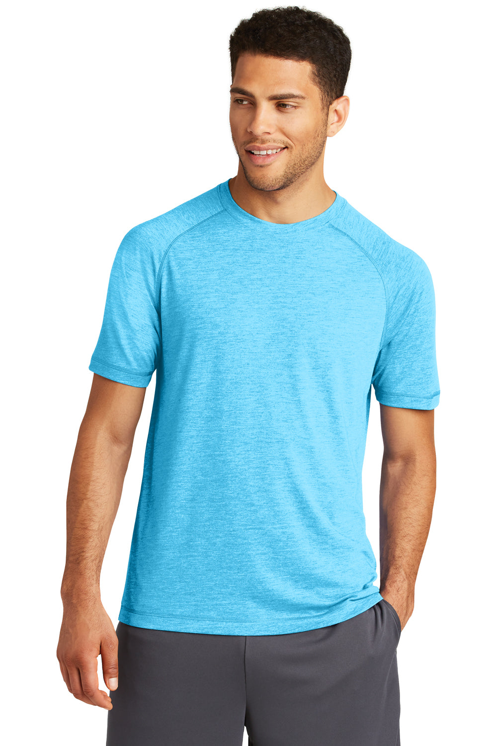 Sport-Tek ST400 Mens Moisture Wicking Short Sleeve Crewneck T-Shirt Heather Pond Blue Model Front