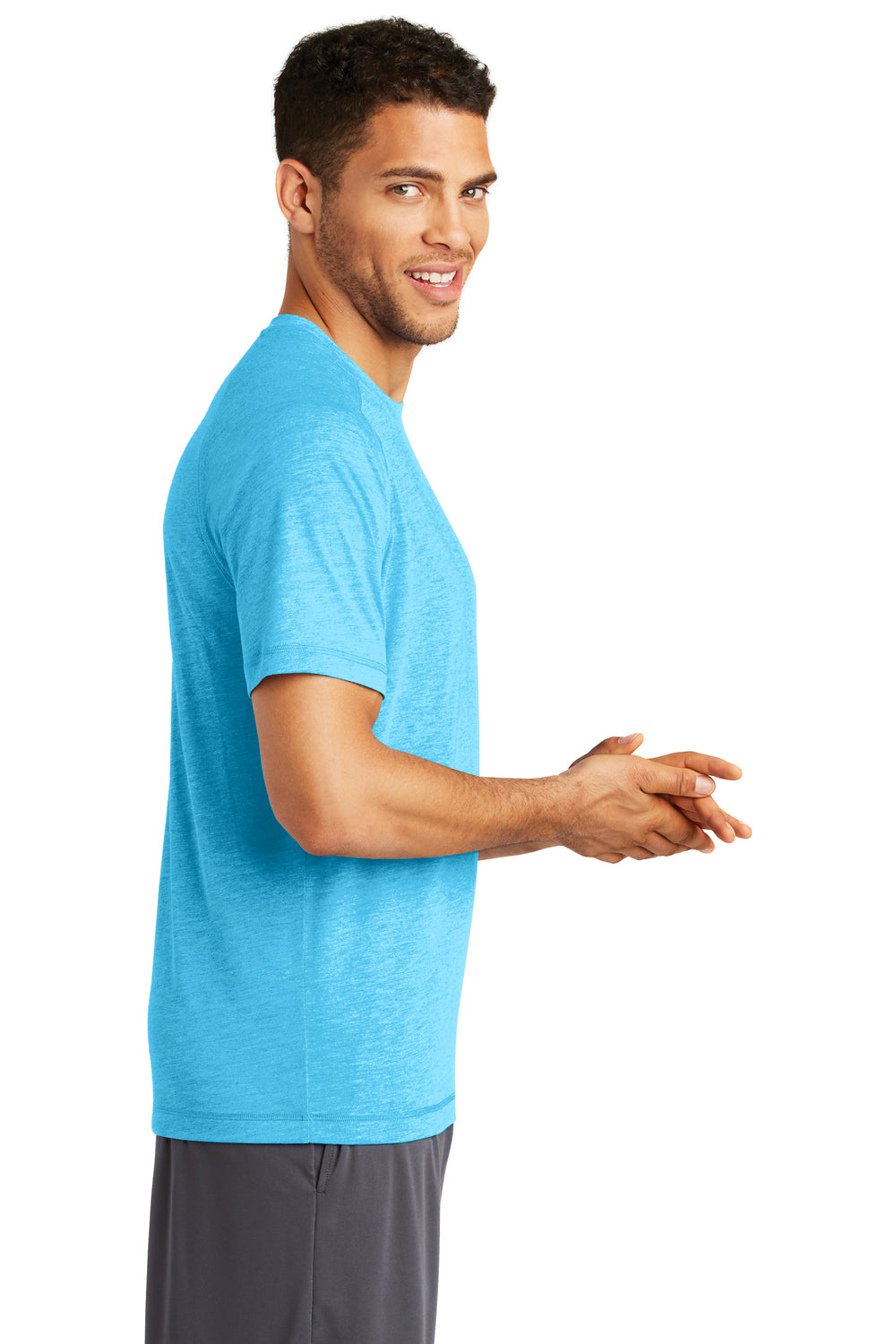 Sport-Tek ST400 Mens Moisture Wicking Short Sleeve Crewneck T-Shirt Heather Pond Blue Model Side