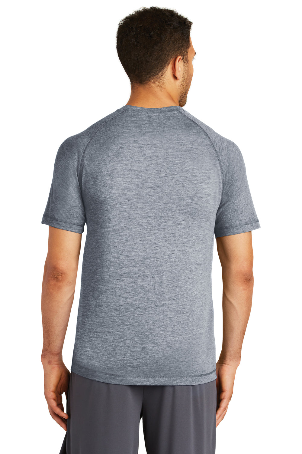 Sport-Tek ST400 Mens Moisture Wicking Short Sleeve Crewneck T-Shirt Heather True Navy Blue Model Back