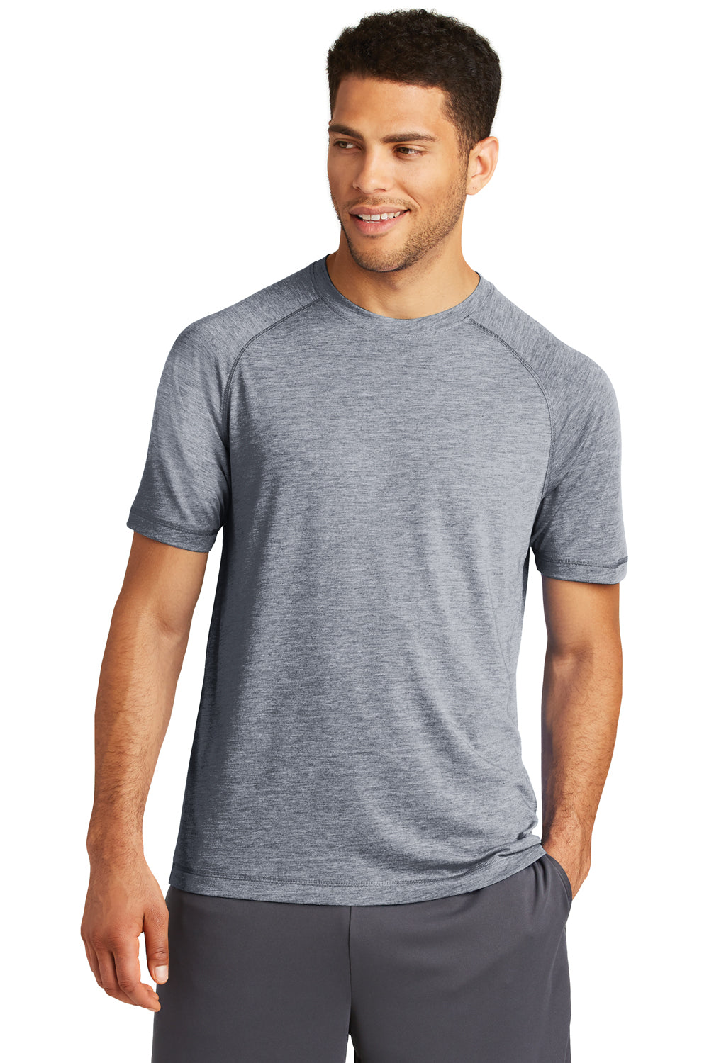 Sport-Tek ST400 Mens Moisture Wicking Short Sleeve Crewneck T-Shirt Heather True Navy Blue Model Front