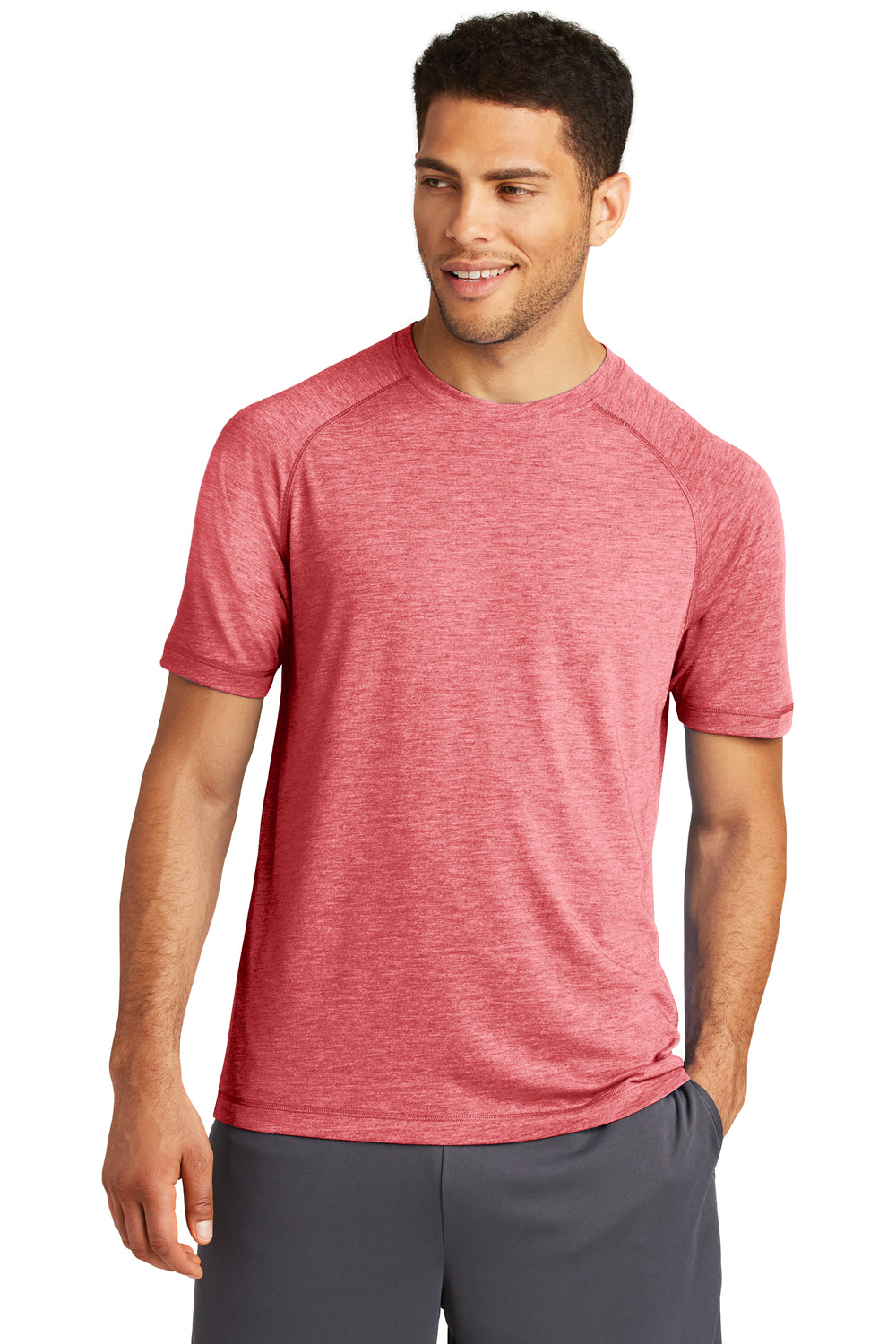 Sport-Tek ST400 Mens Moisture Wicking Short Sleeve Crewneck T-Shirt Heather True Red Model Front