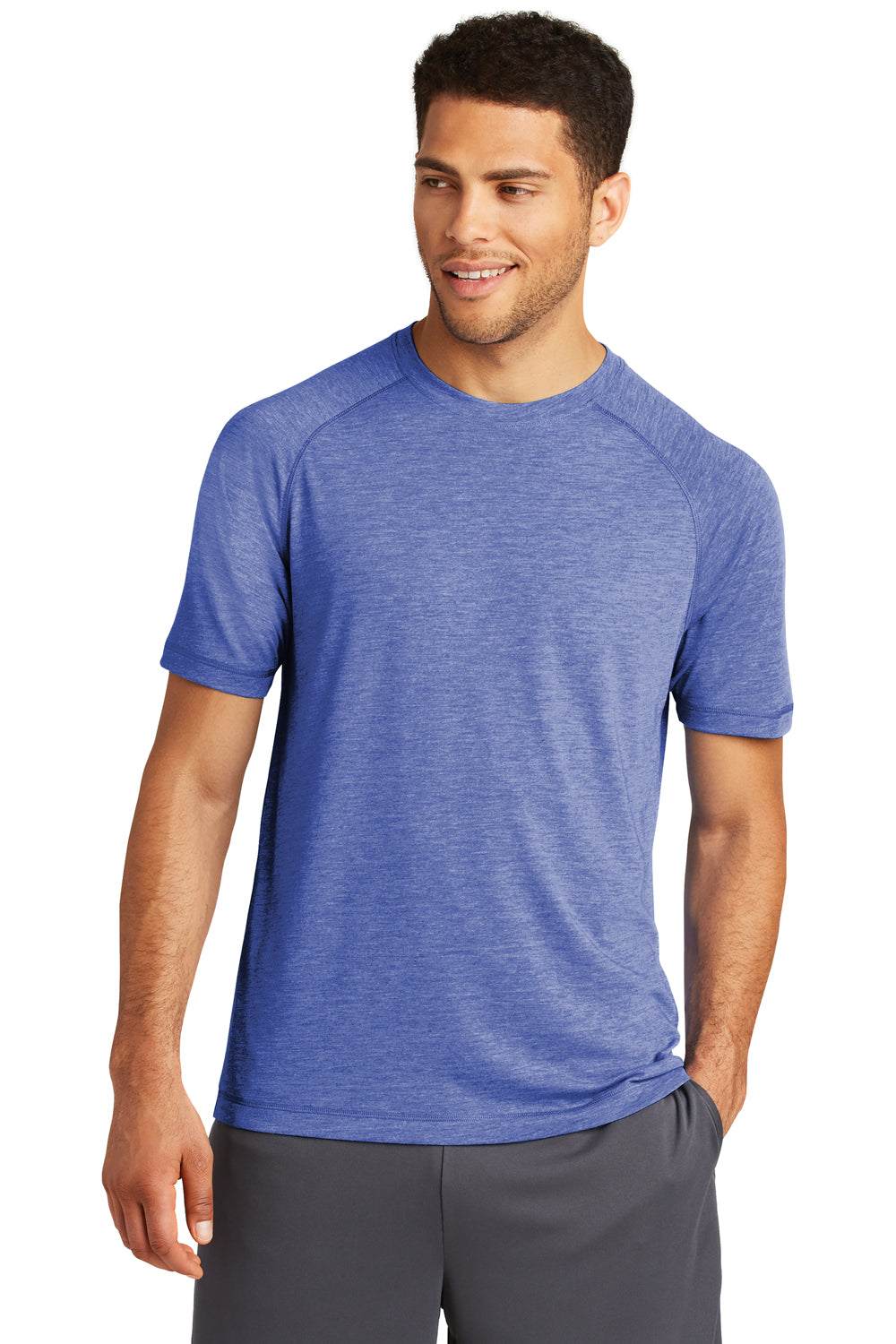 Sport-Tek ST400 Mens Moisture Wicking Short Sleeve Crewneck T-Shirt Heather True Royal Blue Model Front