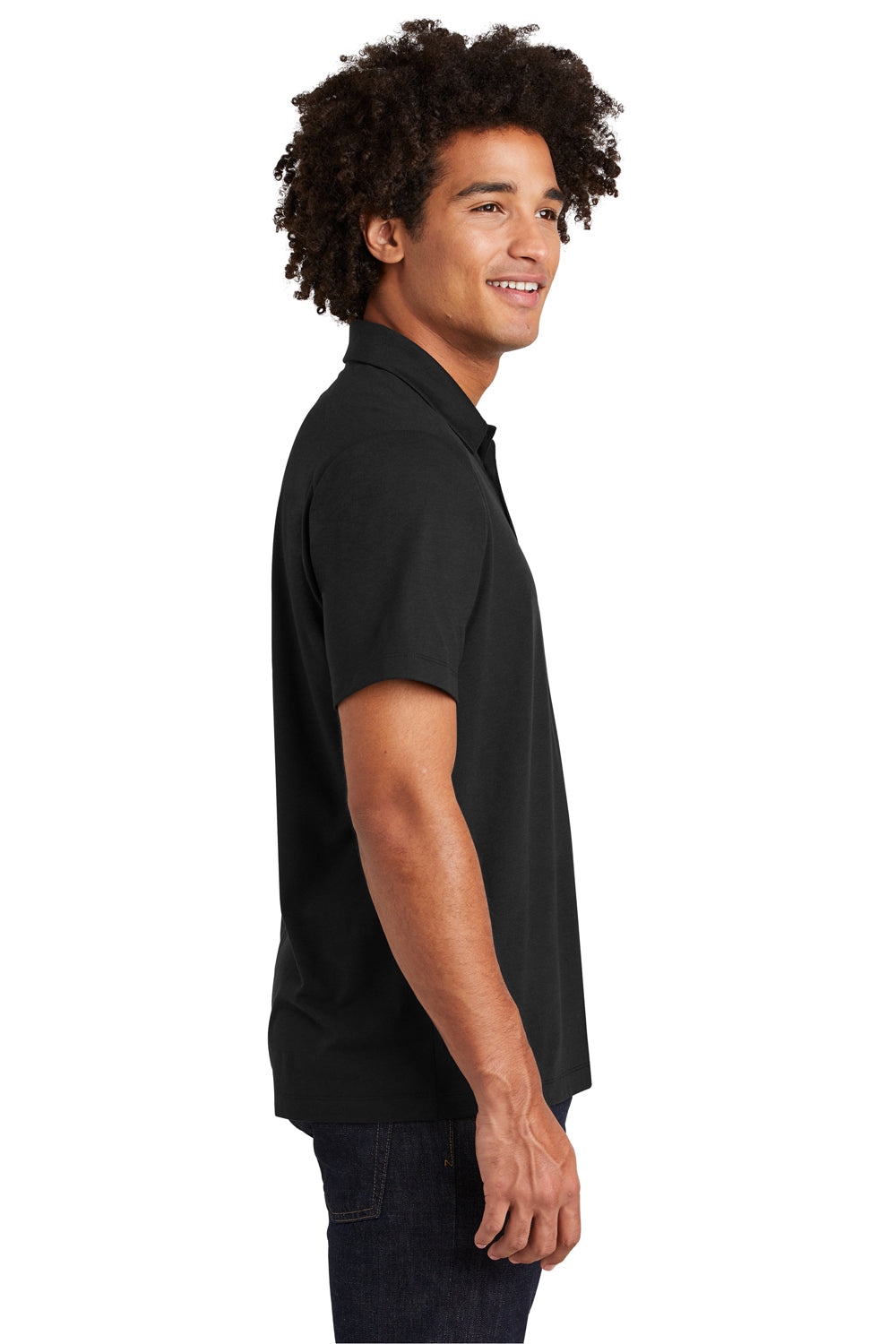 Sport-Tek ST405 Mens Moisture Wicking Short Sleeve Polo Shirt Black Model Side