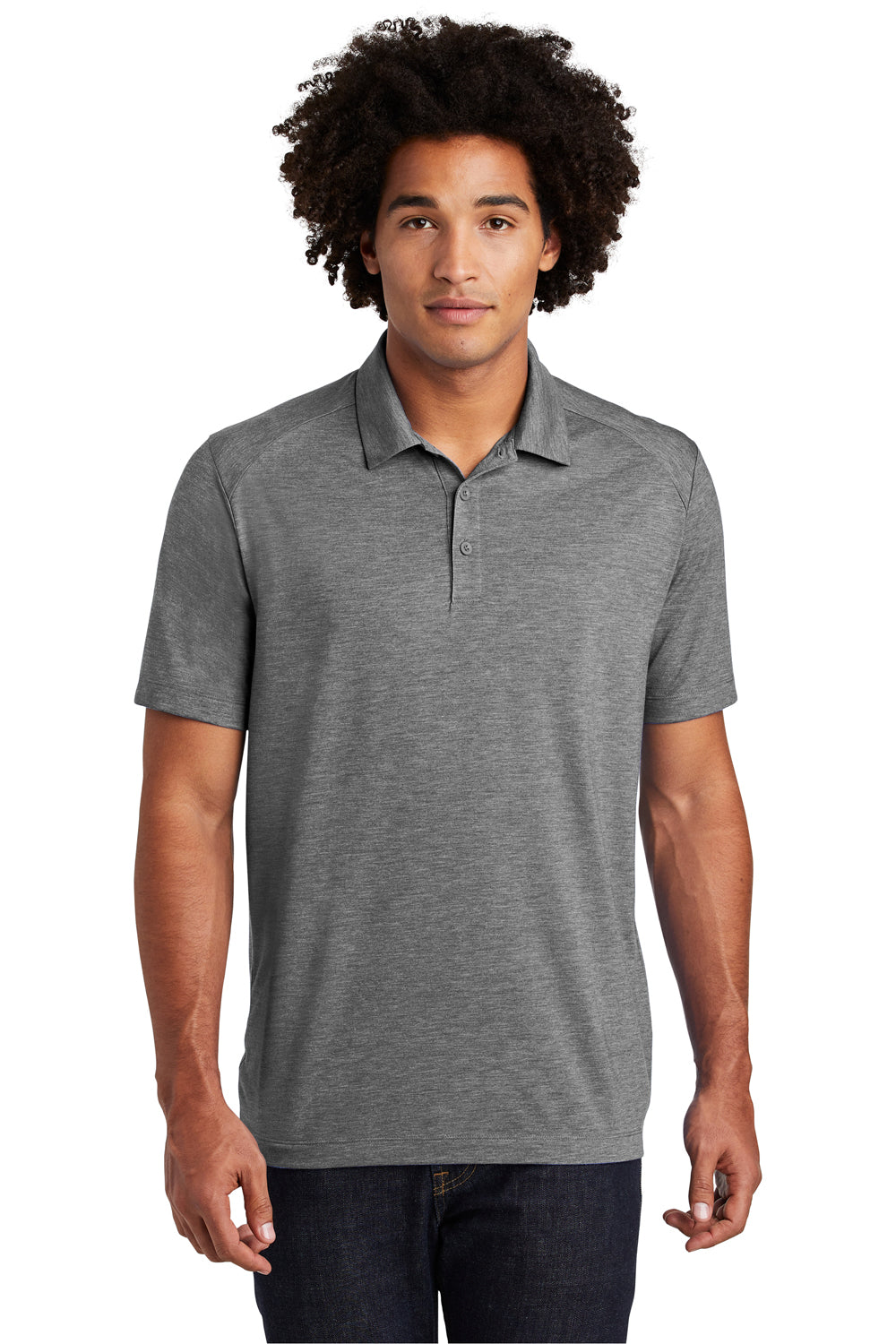 Sport-Tek ST405 Mens Moisture Wicking Short Sleeve Polo Shirt Heather Dark Grey Model Front