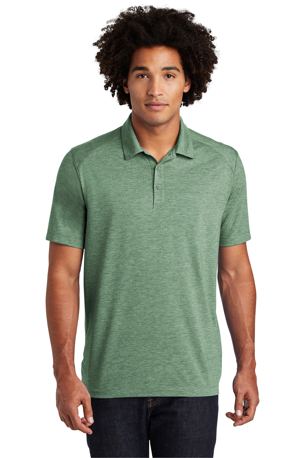 Sport-Tek ST405 Mens Moisture Wicking Short Sleeve Polo Shirt Heather Forest Green Model Front