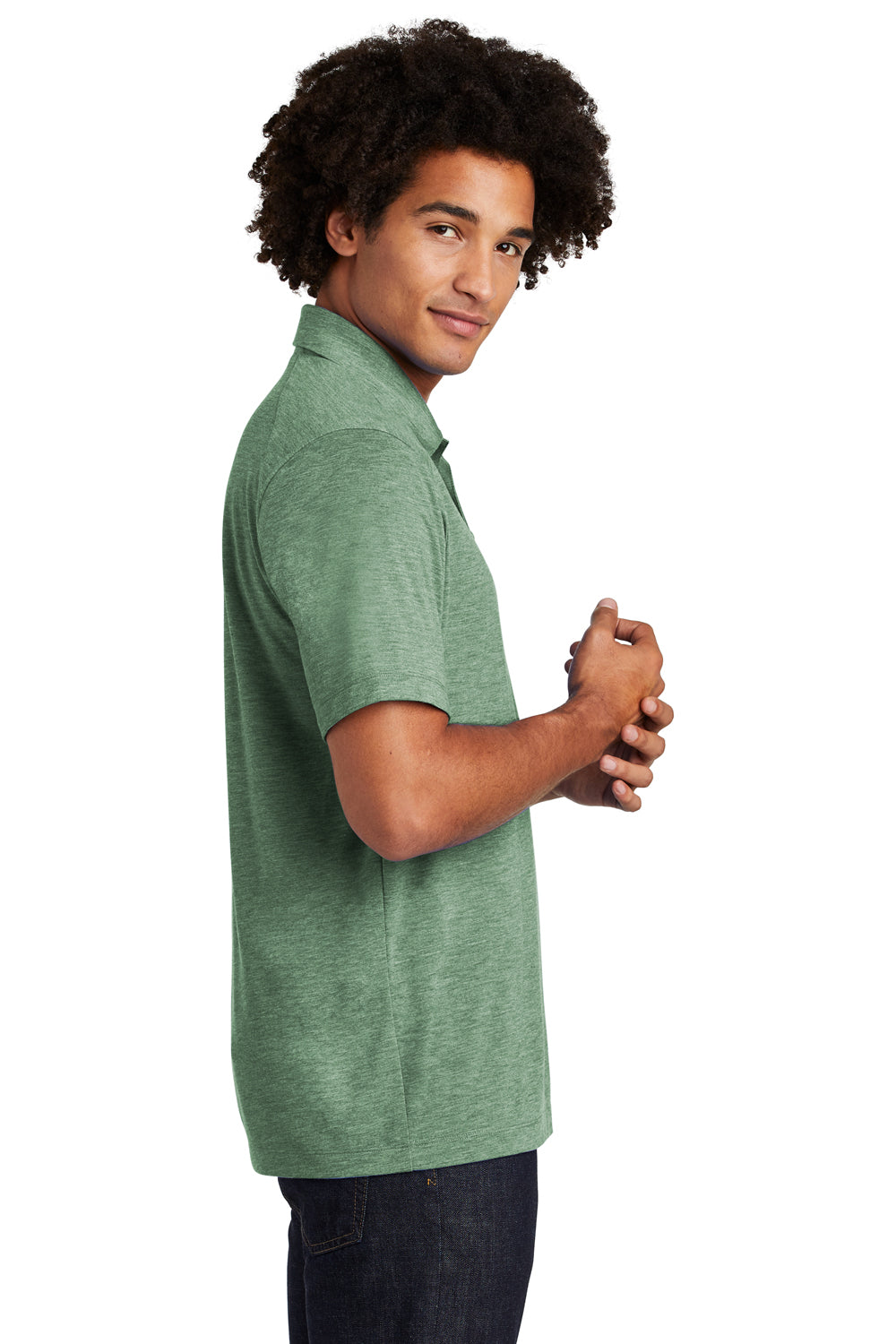 Sport-Tek ST405 Mens Moisture Wicking Short Sleeve Polo Shirt Heather Forest Green Model Side