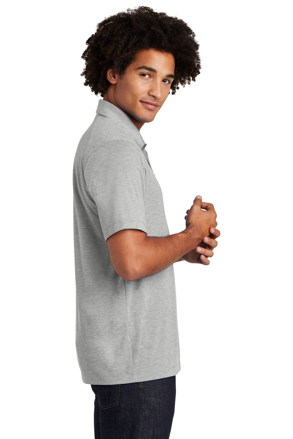 Sport-Tek ST405 Mens Moisture Wicking Short Sleeve Polo Shirt Heather Light Grey Model Side