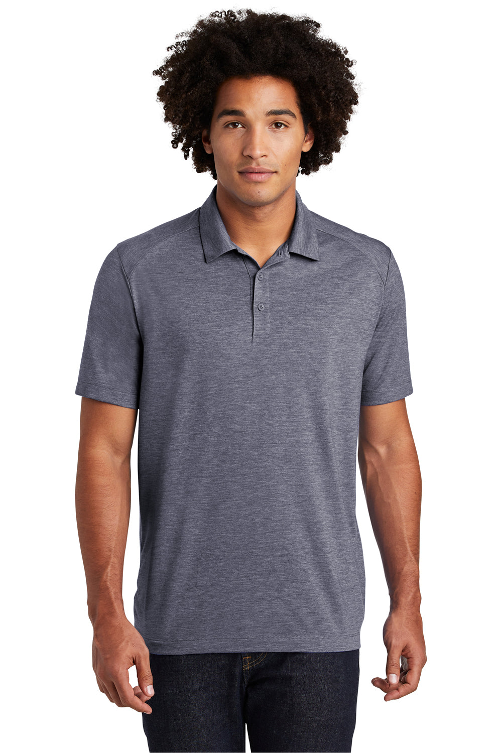 Sport-Tek ST405 Mens Moisture Wicking Short Sleeve Polo Shirt Heather True Navy Blue Model Front